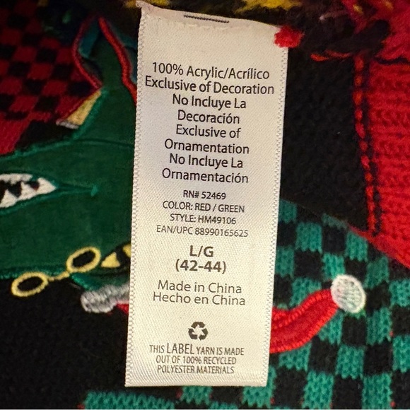 Ugly Christmas Sweater Dinosaur T-Rex Dino Santa Hat Plaid, Mens size Large - Picture 9 of 10